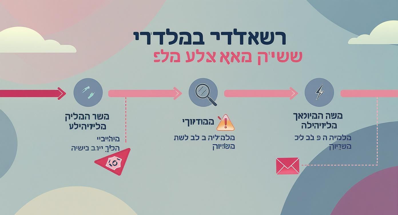 תרשים זרימה ורוד וכחול המציג תהליך בן שלושה שלבים עם אייקונים וטקסט בעברית.