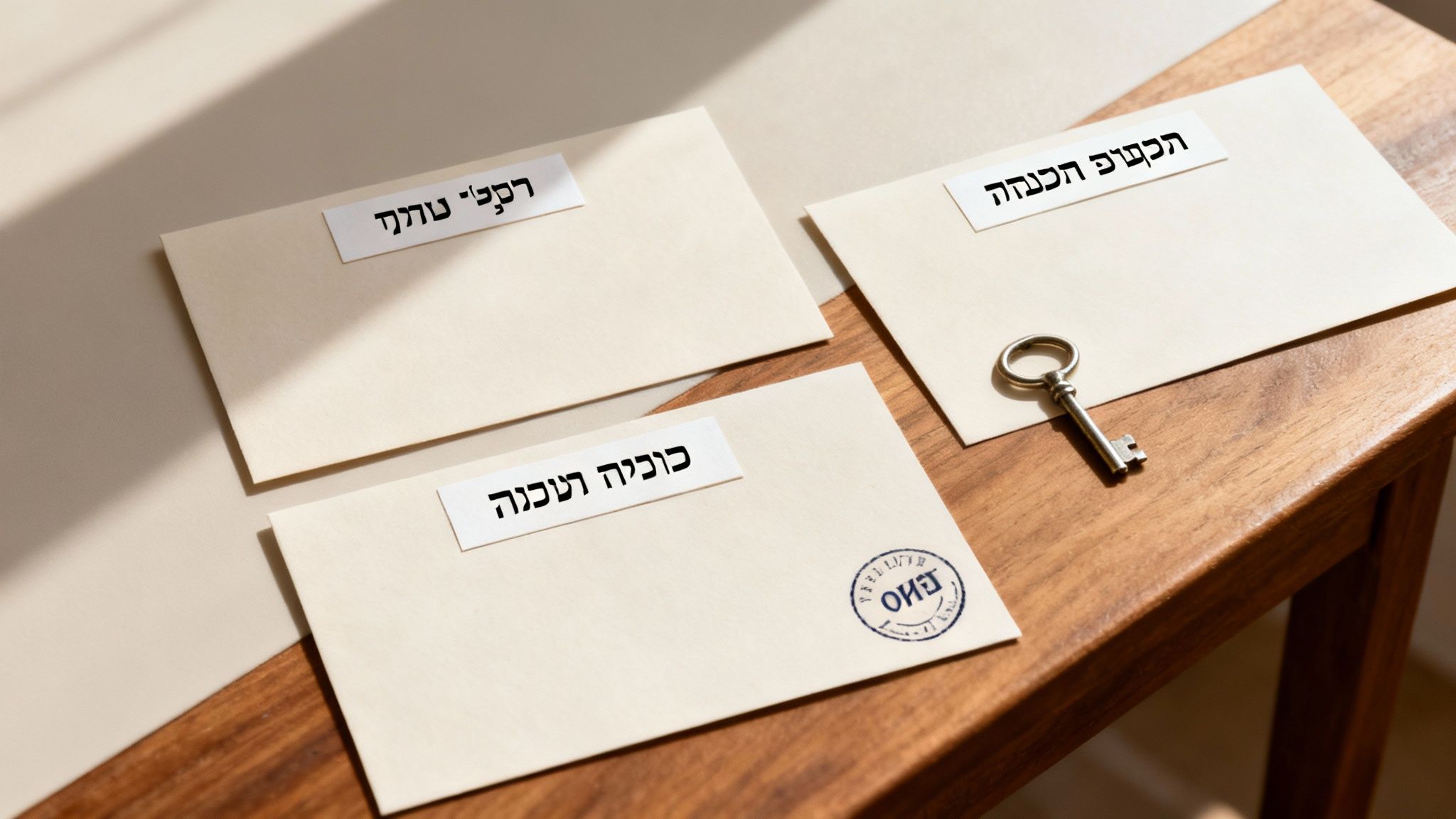 שלוש מעטפות עם שמות בכתב עברי ולידן מפתח על שולחן עץ בהיר.
