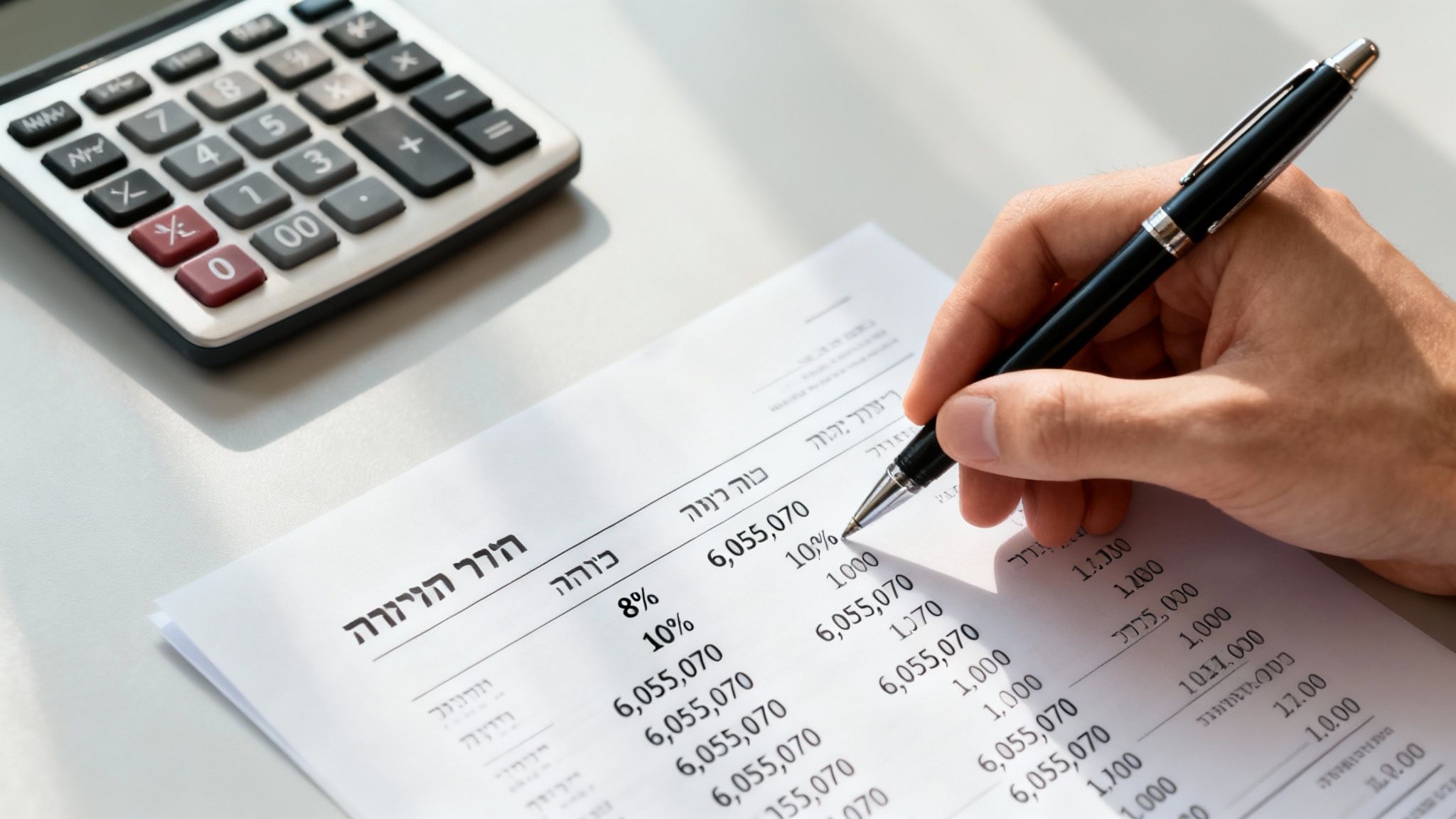 יד כותבת עם עט על מסמך עם מספרים ואחוזים, ליד מחשבון, תוך כדי ביצוע חישובים פיננסיים.