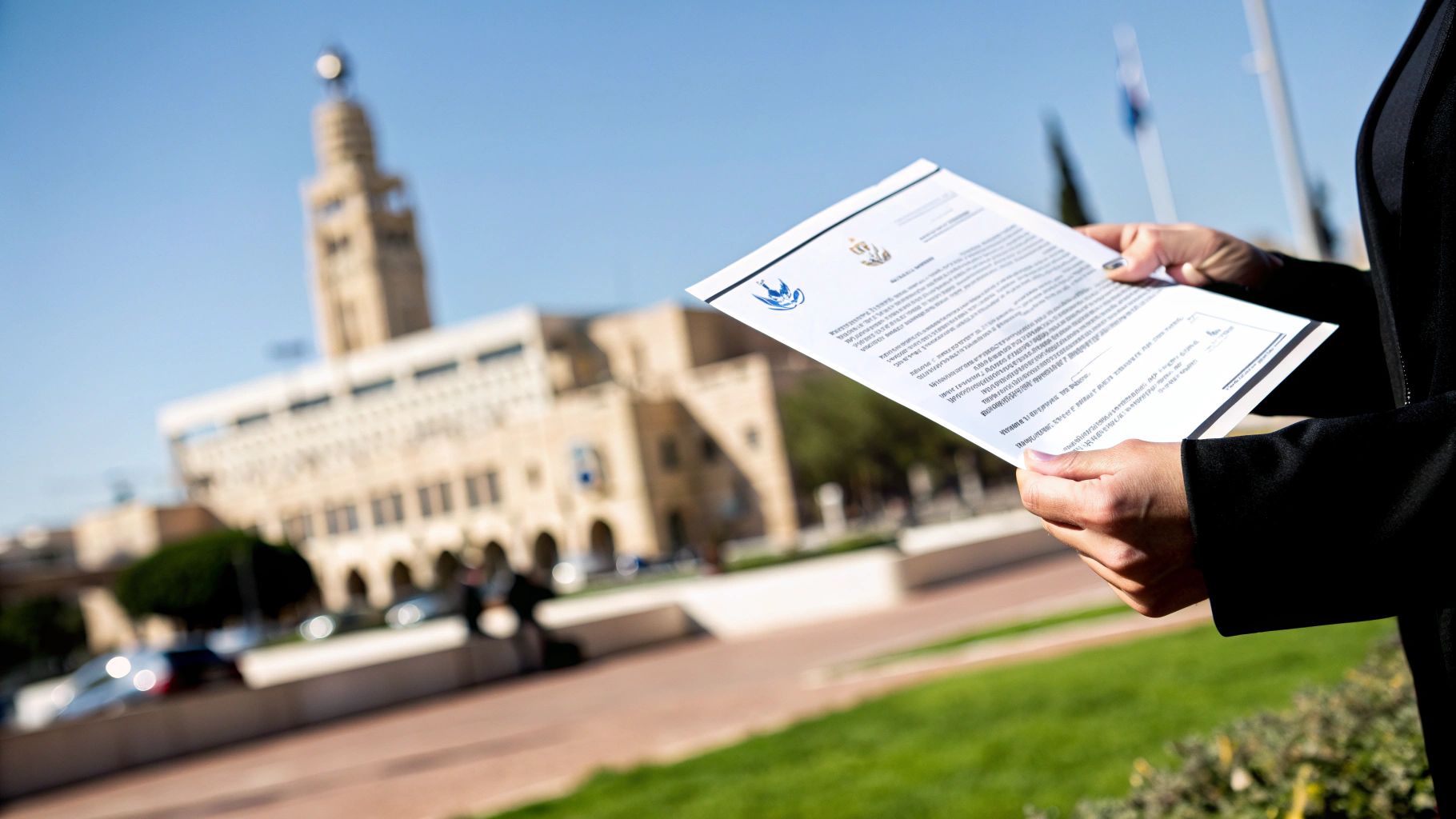 אדם מחזיק מסמך רשמי מול בניין עיריה מרשים עם מגדל, ביום בהיר ושטוף שמש.