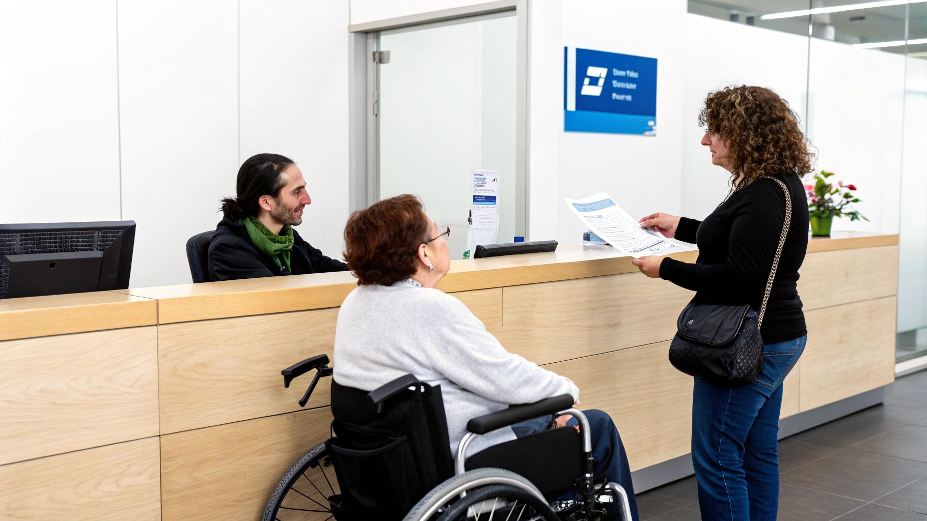 שלושה אנשים בדלפק קבלה: פקיד, אישה בכיסא גלגלים ואישה עומדת עם מסמכים.