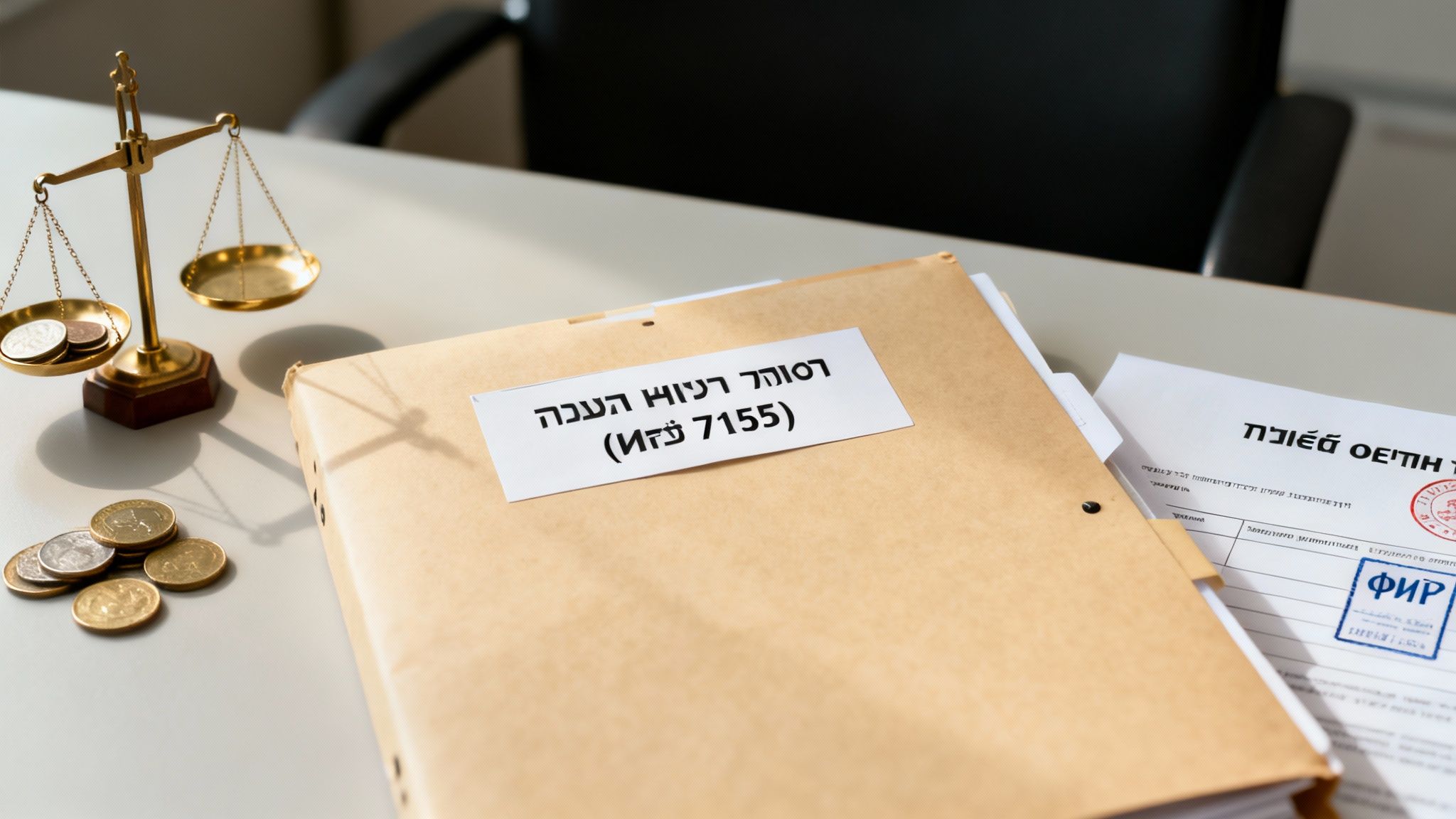 מאזני צדק, מטבעות ותיק מסמכים עם תווית בעברית על שולחן משרדי, המסמלים משפטים ופיננסים.