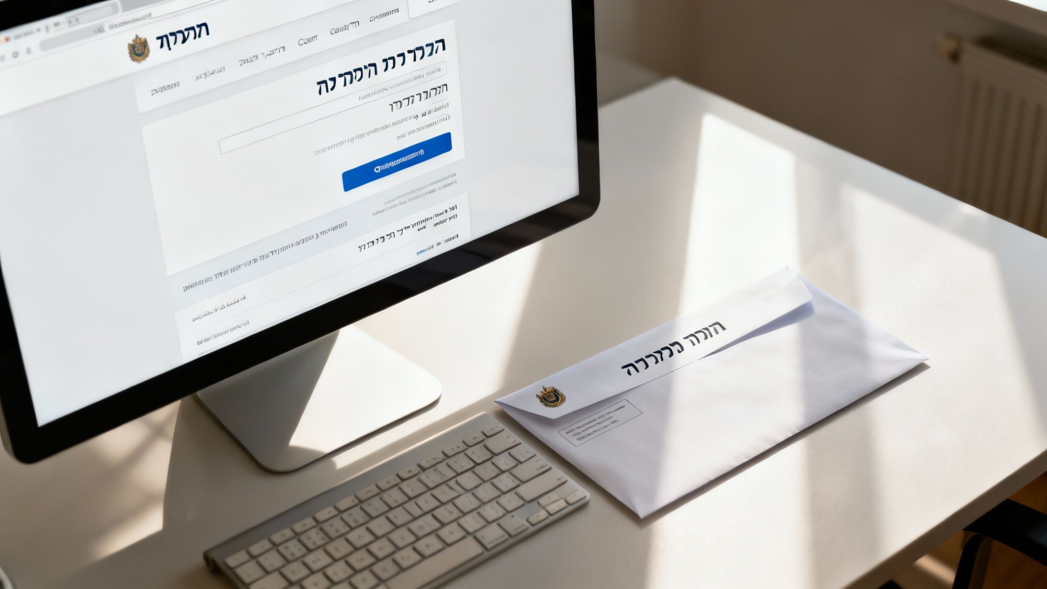 מסך מחשב המציג טופס מקוון בעברית, לידו מקלדת ומעטפה רשמית עם לוגו.