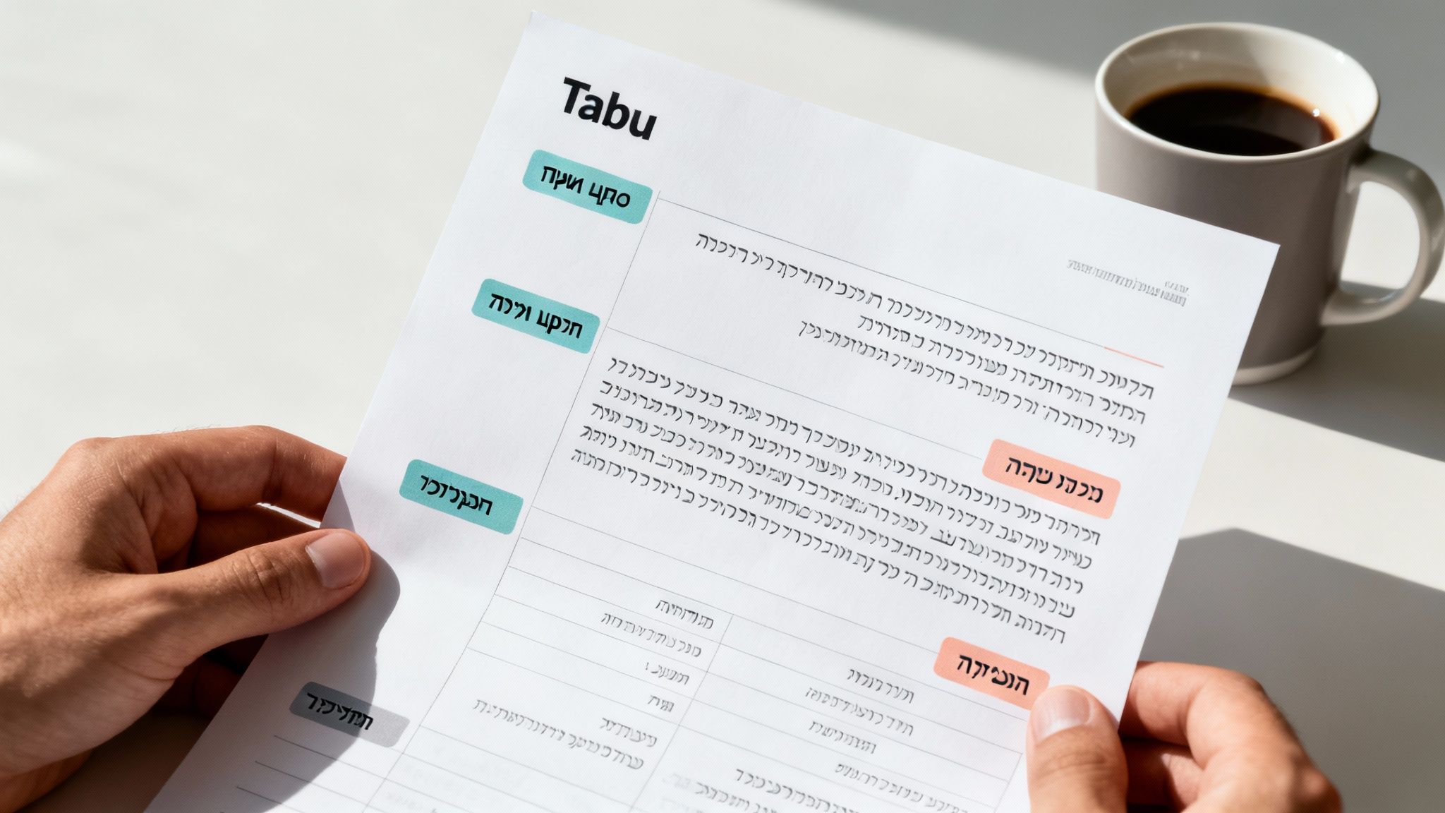 אדם מחזיק מסמך טאבו מודפס בכתב עברי, עם טקסט מודגש בצבע ירוק וורוד, וכוס קפה ברקע.