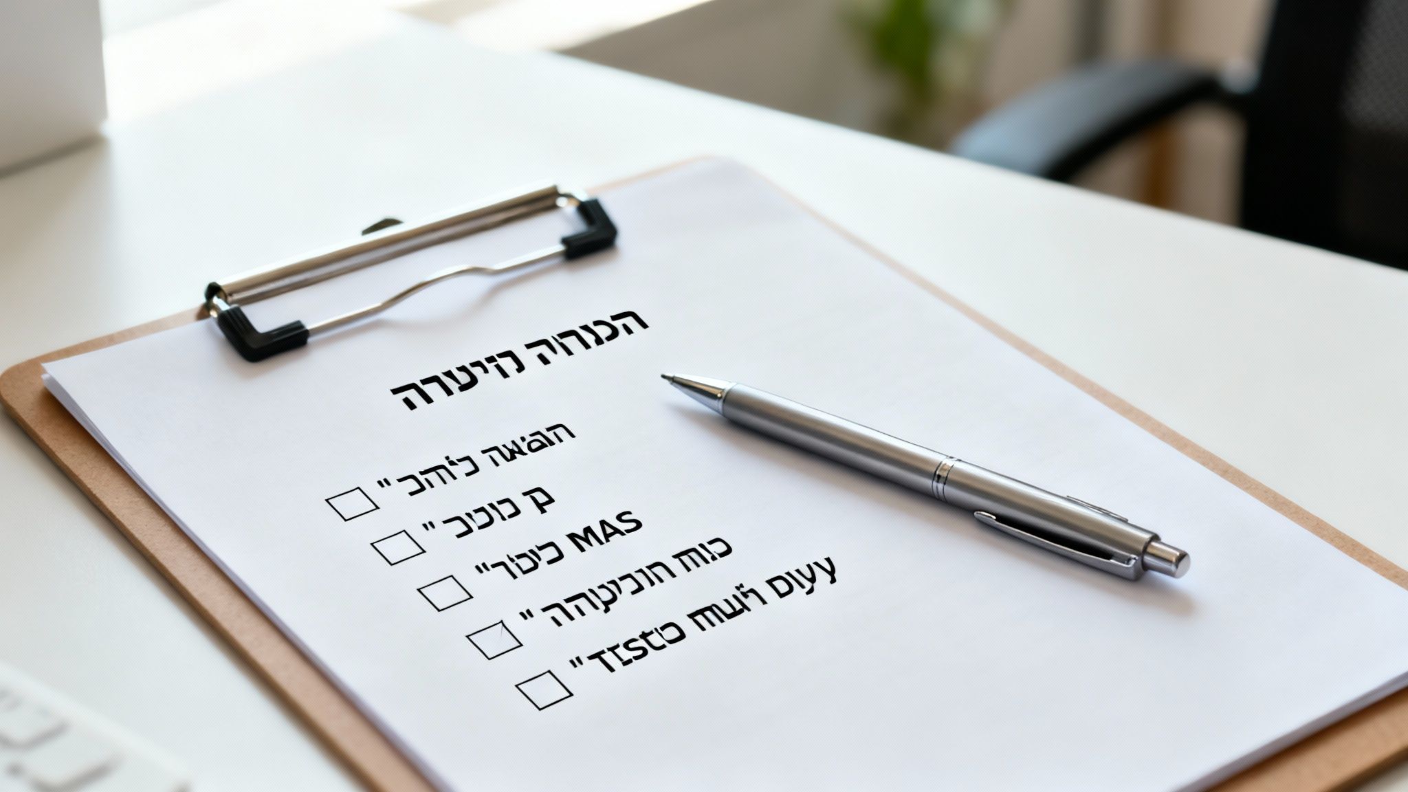 קליפבורד עם דף ועליו רשימת משימות או בדיקה בעברית, ועט כסף המונח לידו על שולחן לבן.