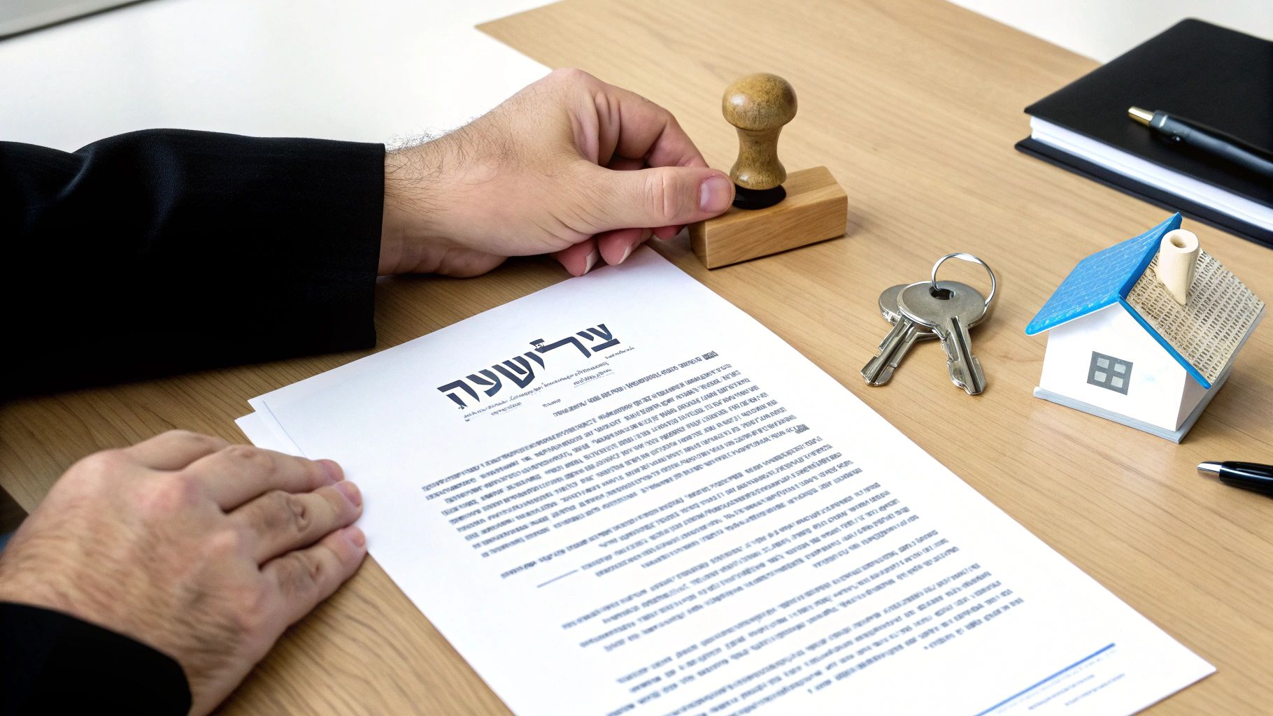 חתימה על מסמך משפטי לאישור עסקת נדלן עם חותמת, מפתחות ודגם בית על השולחן