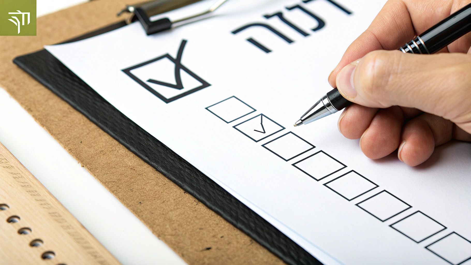 יד מסמנת בעט וי בתיבת סימון ברשימת משימות על לוח תמיכה, המייצגת השלמת דרישות ואישורים רשמיים