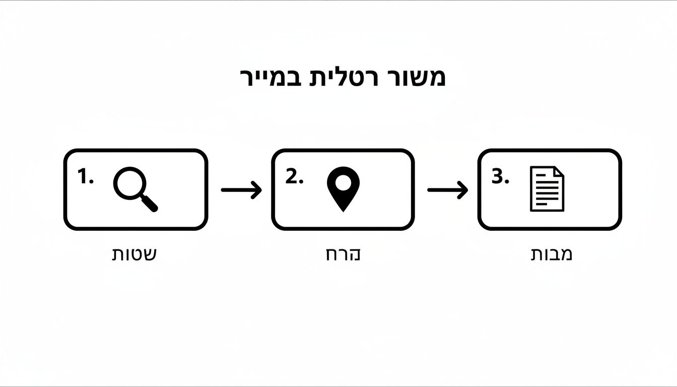 דיאגרמת זרימה המתארת שלושה שלבים לאיתור כתובת: חיפוש, איתור גוש וחלקה, והצגת מידע רלוונטי.