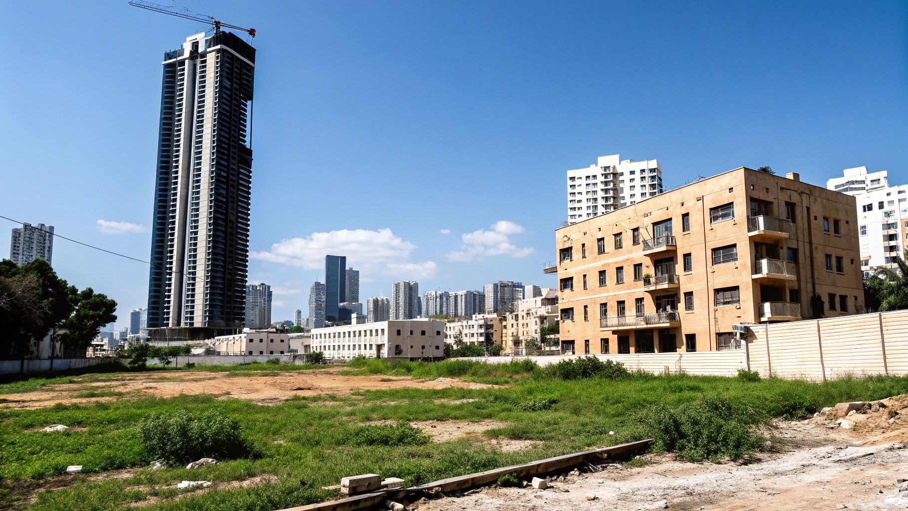 נוף עירוני המציג מגדל גבוה בבנייה לצד בניינים ישנים ושטח פתוח עם דשא. שמיים כחולים עם עננים.