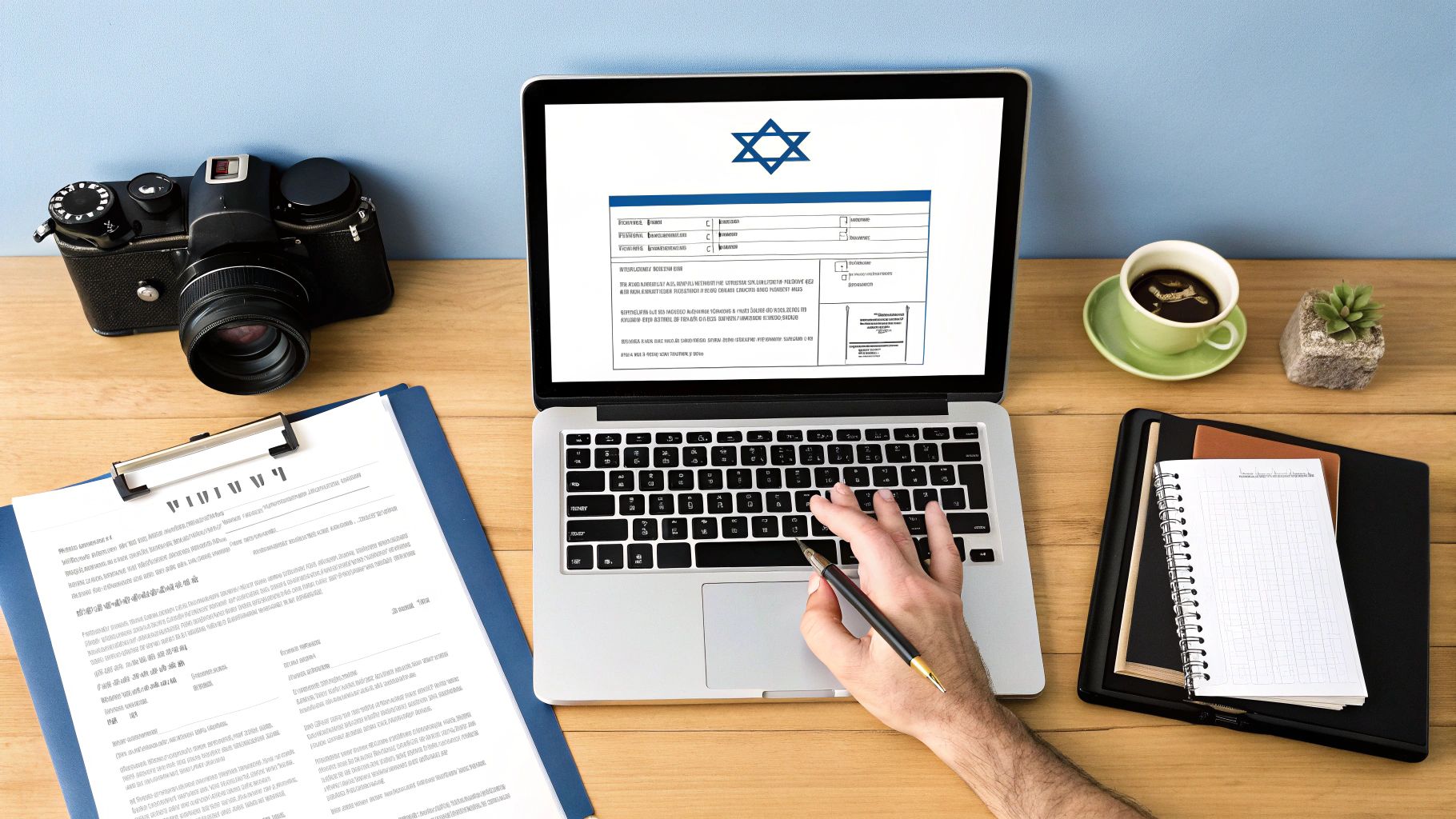אדם עובד על מחשב נייד עם טופס בקשה וסמל מגן דוד על המסך, לצד מצלמה, קפה ומסמכים על שולחן עץ.