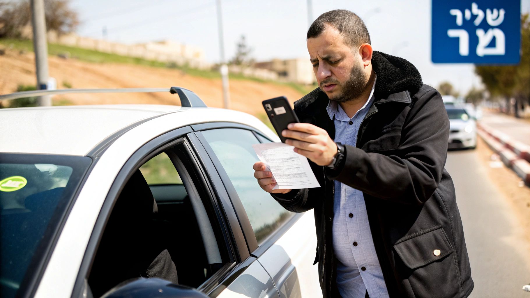 גבר עומד ליד רכב לבן, בודק מסמך וטלפון נייד, אולי קנס תנועה.