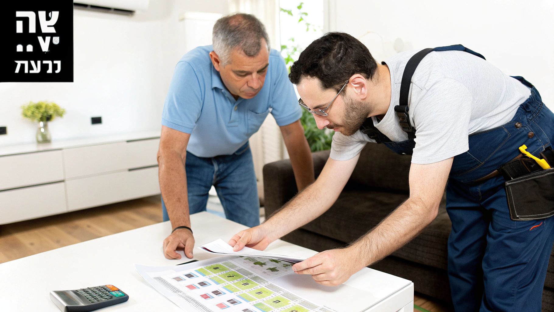 טכנאי מזגנים ולקוח בוחנים תוכניות התקנה בבית, לצד מחשבון על השולחן.