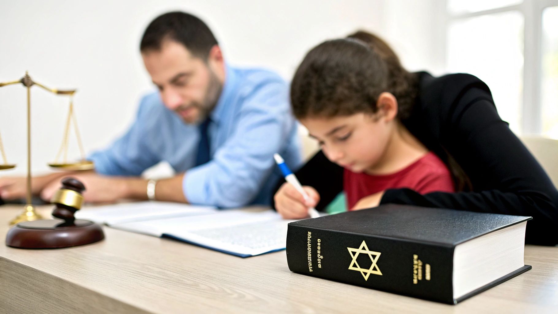 אב וילד מתייעצים במשרד עורכי דין, מוקפים בספרי קודש וסמלי צדק, המעידים על הליך משפטי.
