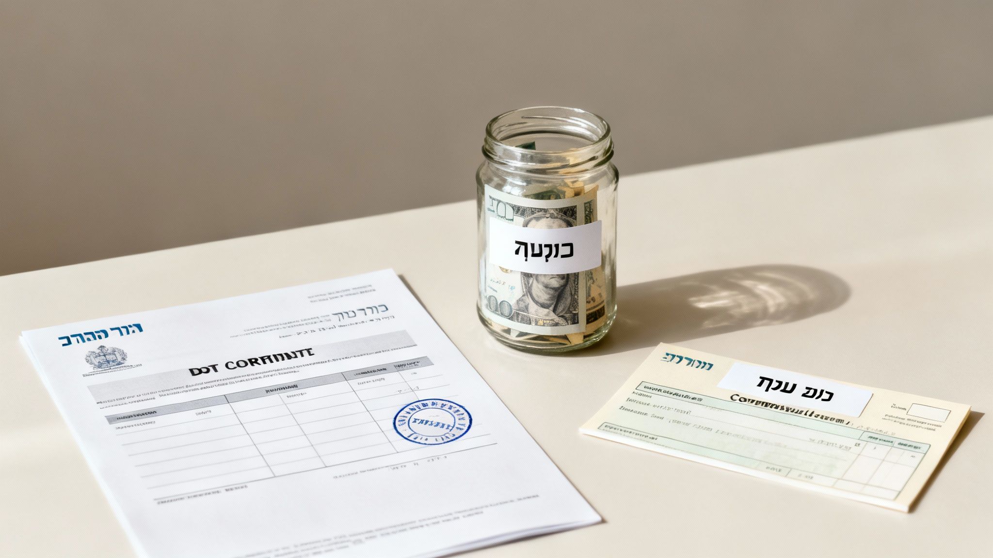 צנצנת זכוכית מלאה בשטרות דולר אמריקאי, לצד מסמכים וטפסים פיננסיים על שולחן.