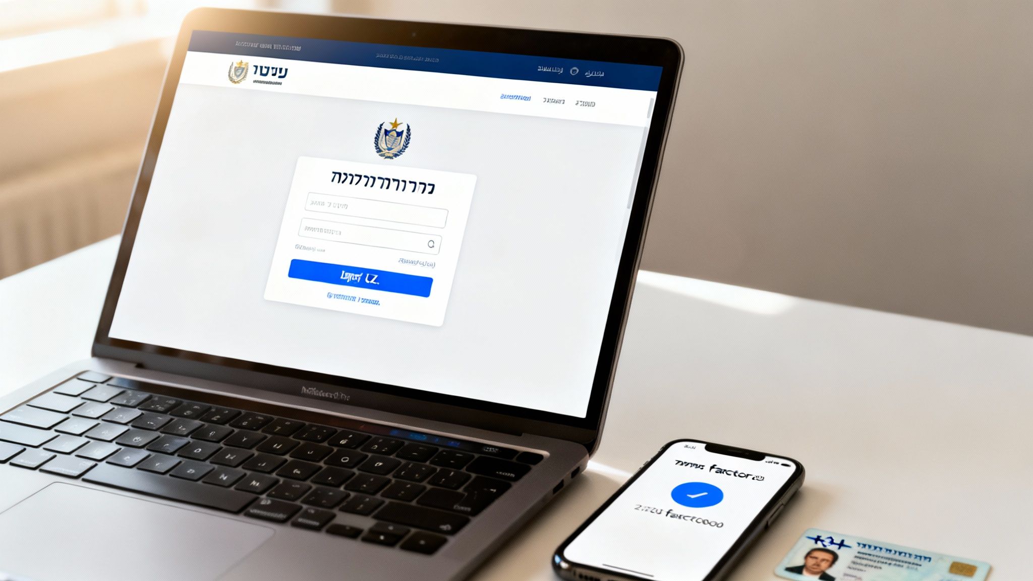 מחשב נייד מציג מסך כניסה לאתר אינטרנט בעברית, לצדו טלפון חכם וכרטיס זיהוי.