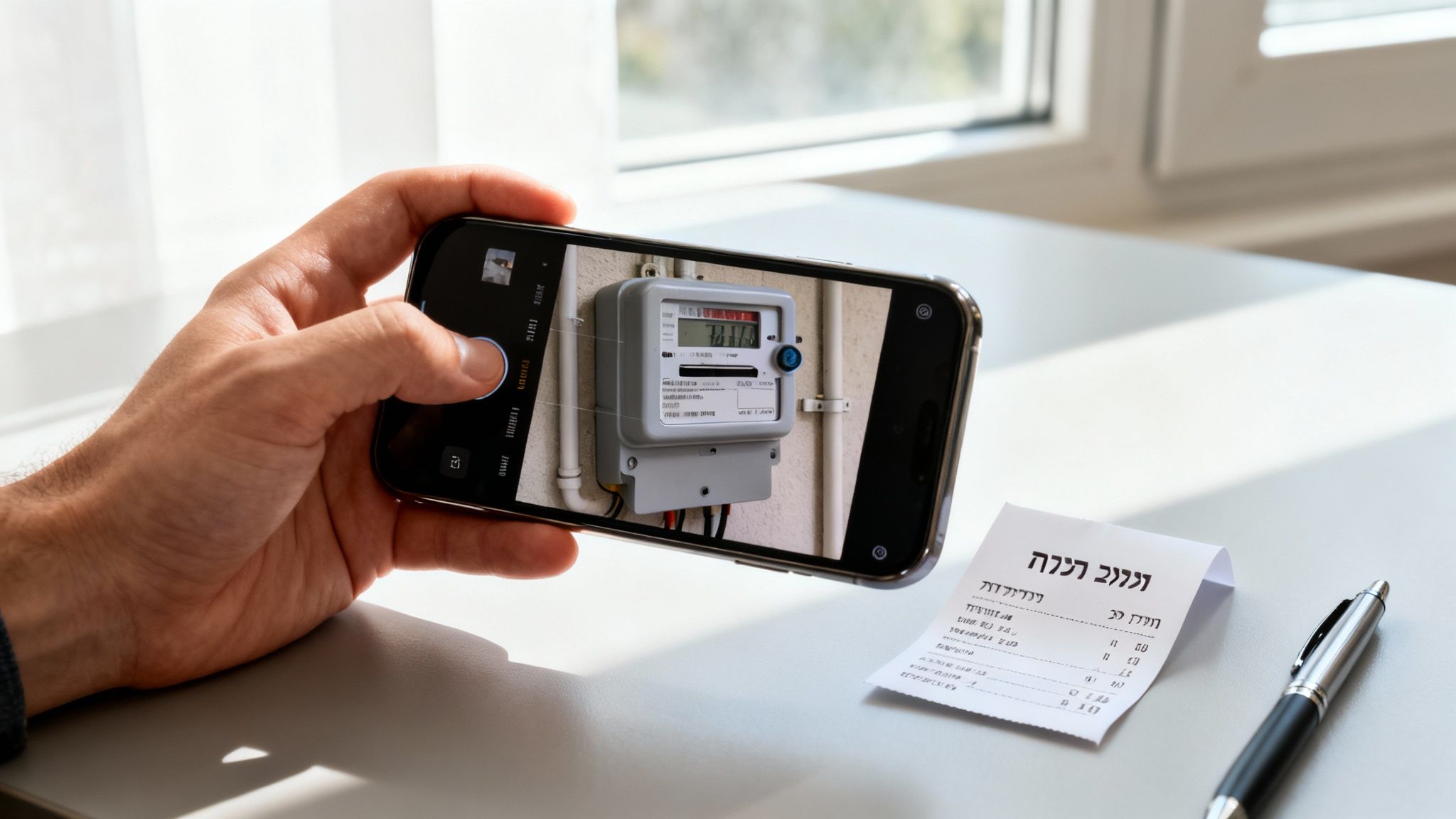 אדם מצלם מד חשמל בטלפון חכם, לצד קבלה ועט על שולחן לבן.