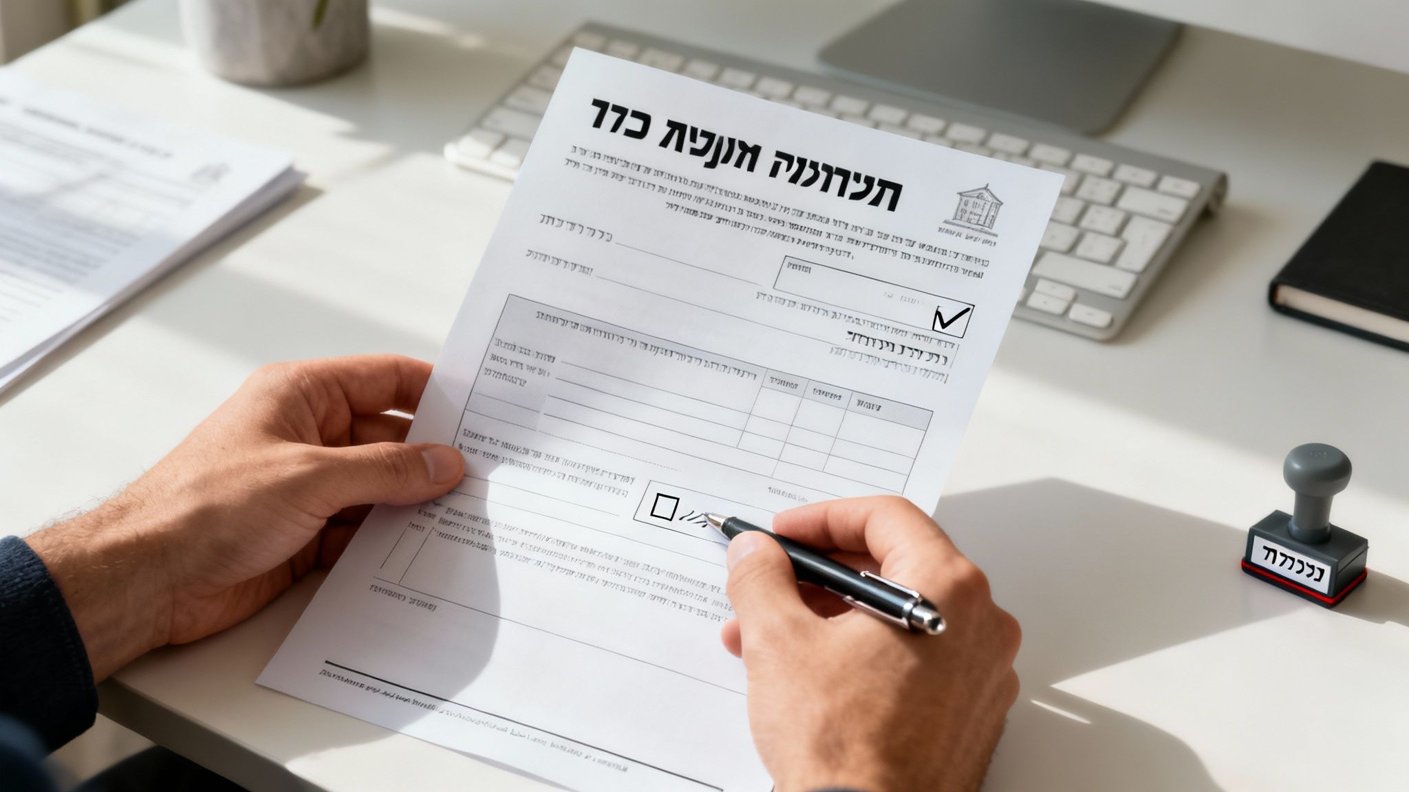 אדם ממלא טופס בעברית עם עט, מסמן תיבת סימון, על שולחן משרדי עם מסמכים וחותמת.