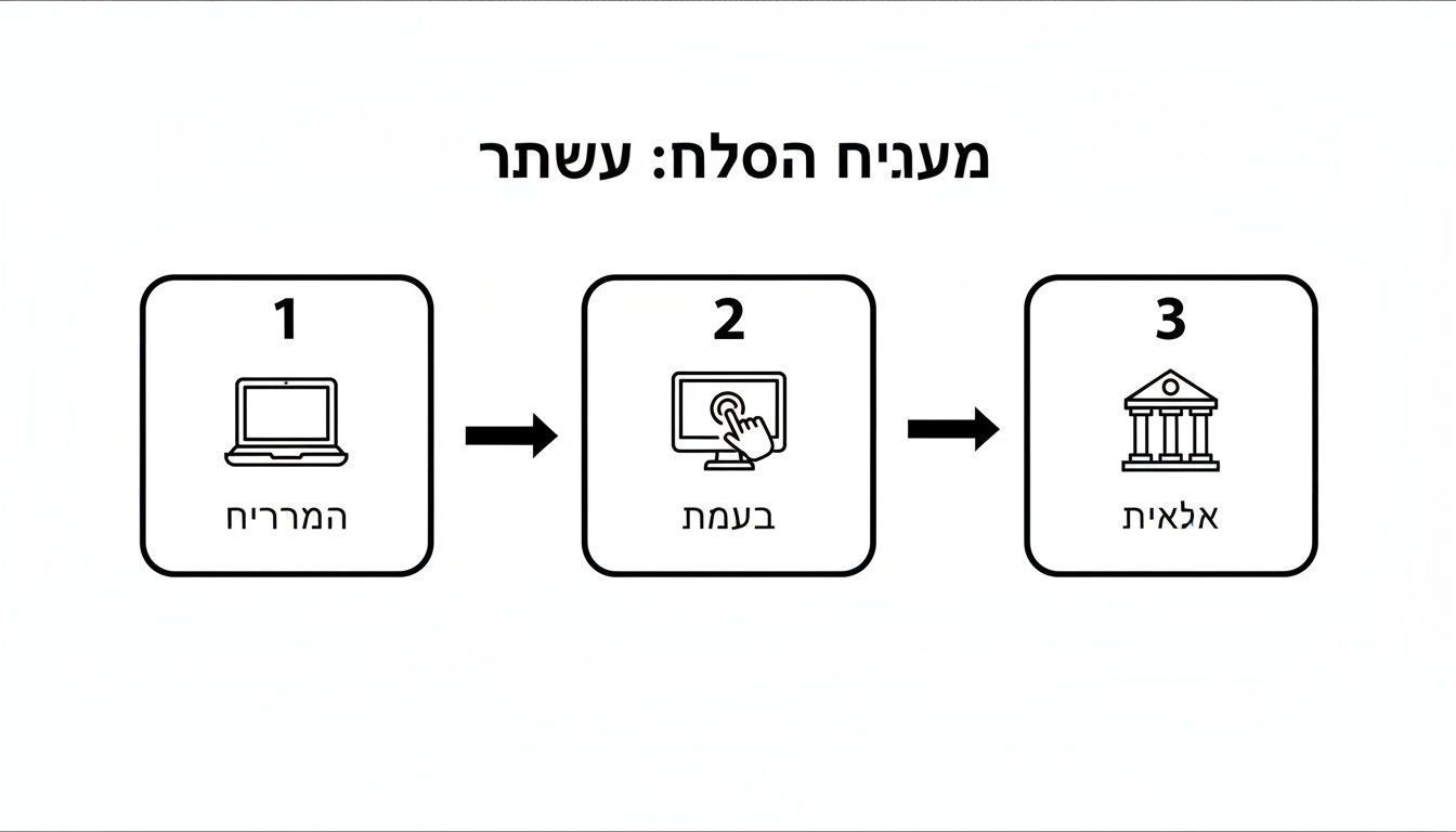 תרשים זרימה בעל שלושה שלבים המתאר תהליך עם מחשב נייד, אינטראקציה עם מסך ובניין ממשלתי.