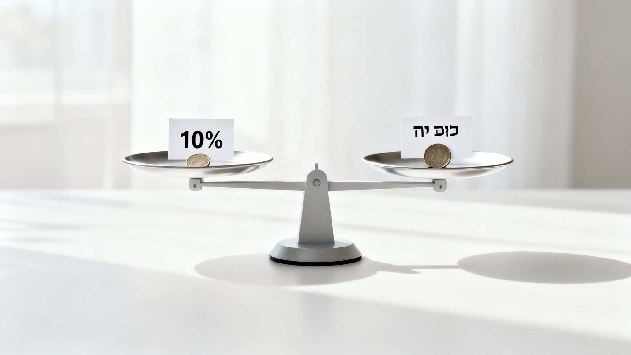 מאזניים מאוזנים מציגים השוואה פיננסית: צד אחד 10%, וצד שני כרטיס עם כיתוב 'כוס יה' ומטבעות.