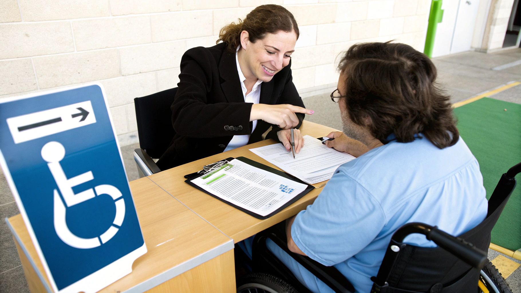 אישה מסייעת לגבר בכיסא גלגלים למלא טפסים, ליד שלט נגישות.