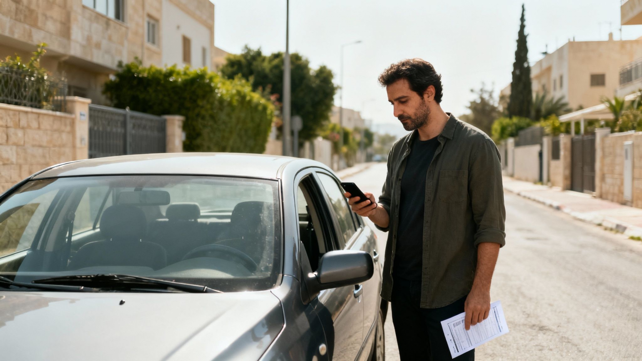 גבר עומד ליד מכונית ברחוב, מחזיק טלפון נייד וניירות, ככל הנראה מטפל בענייני רכב.