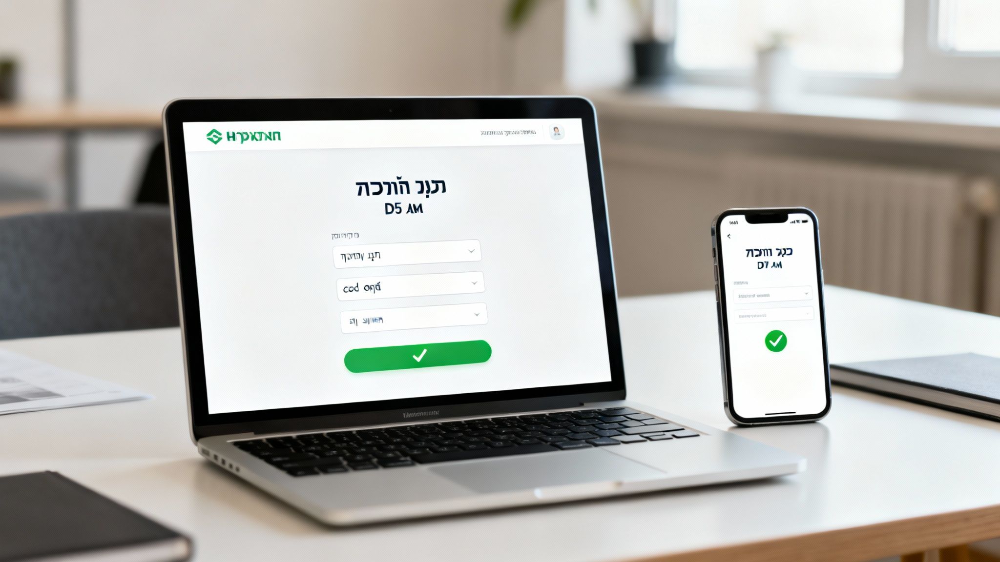 מחשב נייד וטלפון חכם במשרד, מציגים מסך טופס תשלום בעברית עם שדות.