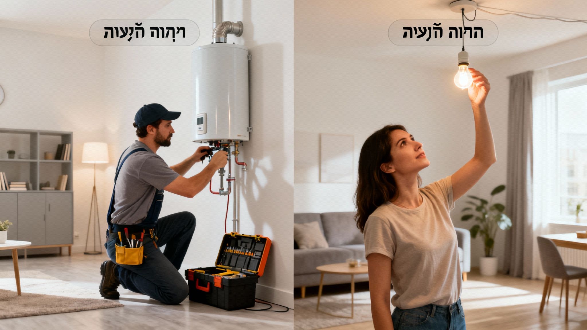 תמונה המחולקת לשניים: אינסטלטור מתקן דוד חימום ואישה מחליפה נורה בבית.