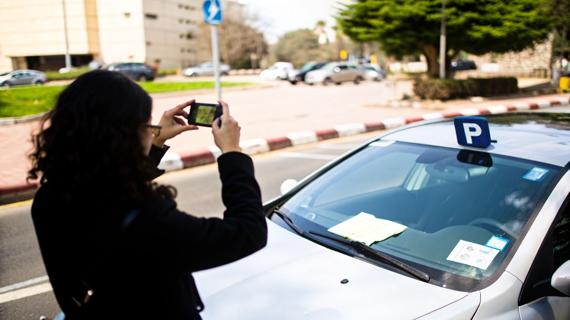 אדם מצלם עם טלפון נייד מכונית חונה עם שלט P על הגג ופתק על השמשה הקדמית.
