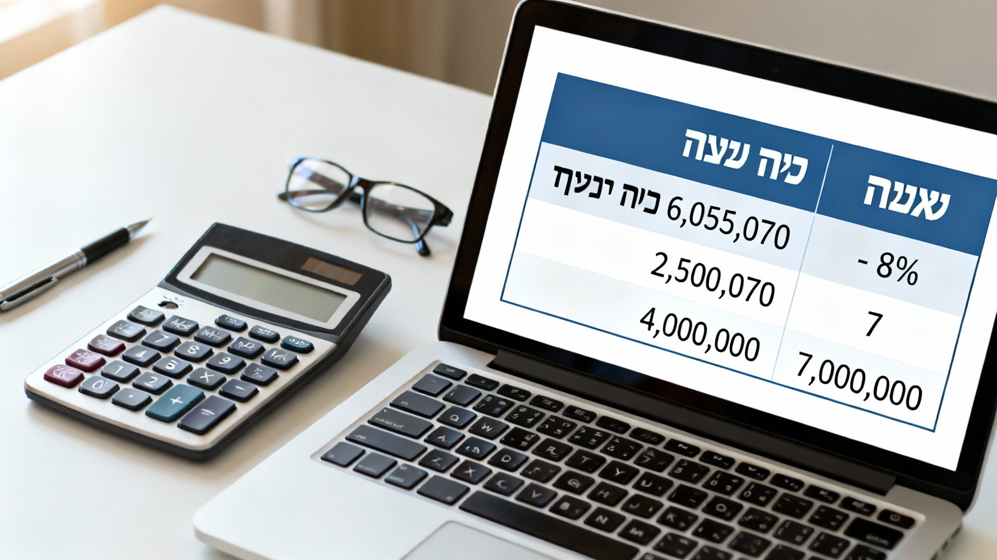 שולחן עבודה עם מחשב נייד המציג טבלת נתונים כספיים, מחשבון ועזרי משרד.