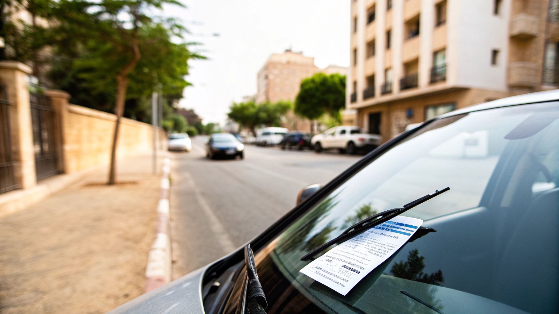 מכונית עם דוח חניה מונח על השמשה הקדמית, ברחוב עירוני עם בניינים ומכוניות.