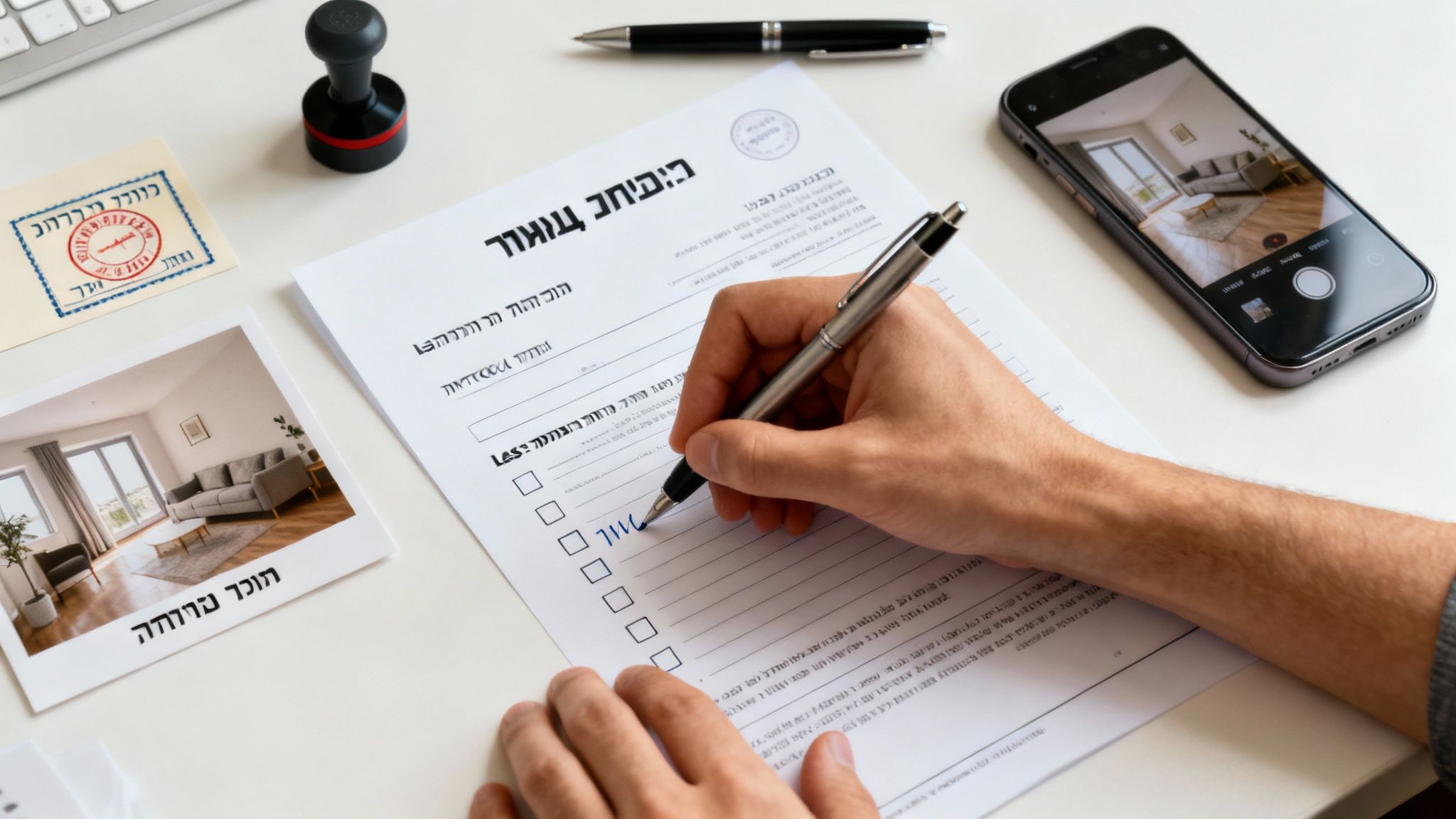 אדם ממלא טופס, לידו טלפון נייד עם תמונת דירה ותמונה מודפסת של נכס, להשכרה או ניהול.