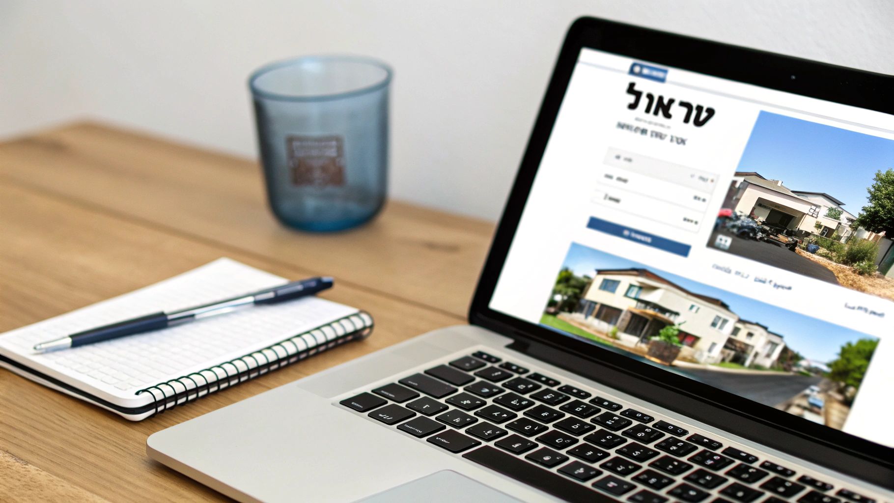 מחשב נייד מציג אתר חיפוש דירות להשכרה, על שולחן עם מחברת ועט, מושלם לחיפוש דירה ללא תיווך