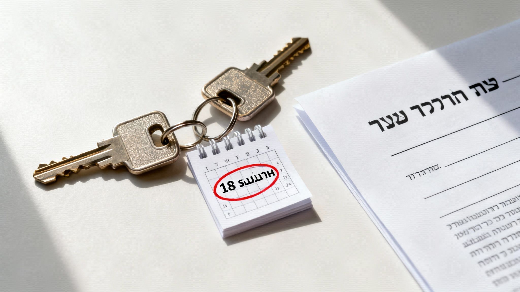 מפתחות לדירה, לוח שנה עם תאריך 18 במאי ומסמך רכישת נכס.