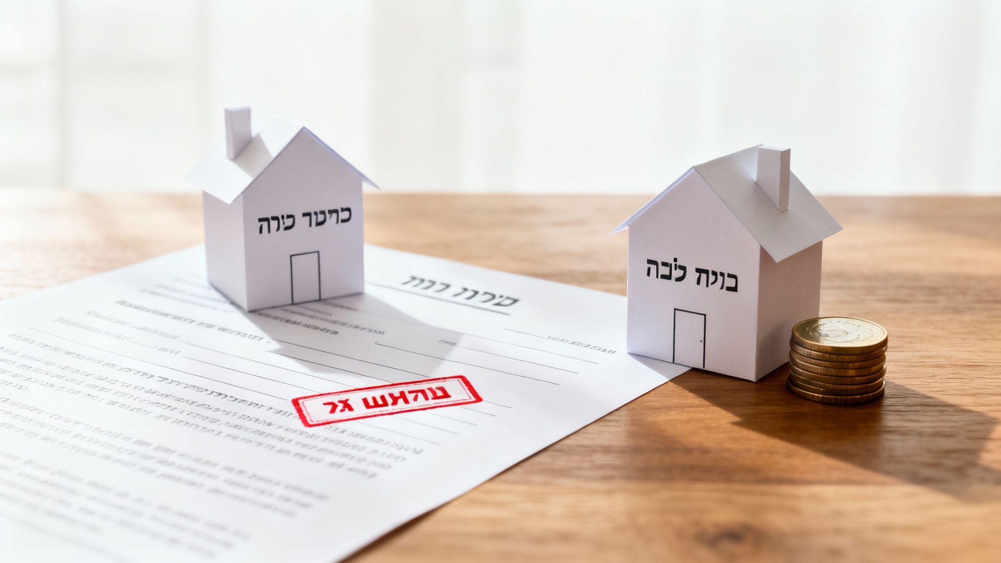 שני בתי נייר, מסמך, חותמת 'שולם גג' ומטבעות על שולחן עץ, המדגישים עסקאות נדל"ן.