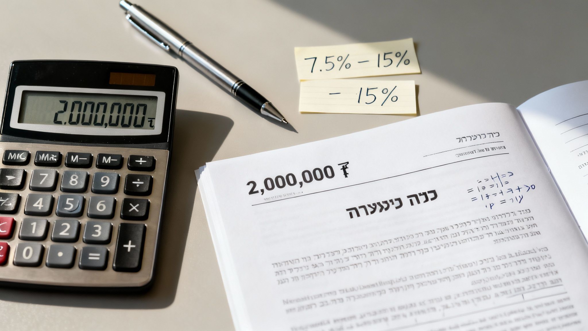 מחשבון מציג 2,000,000, עט, ניירות עם חישובים ואחוזי מס של 7.5%-15%.