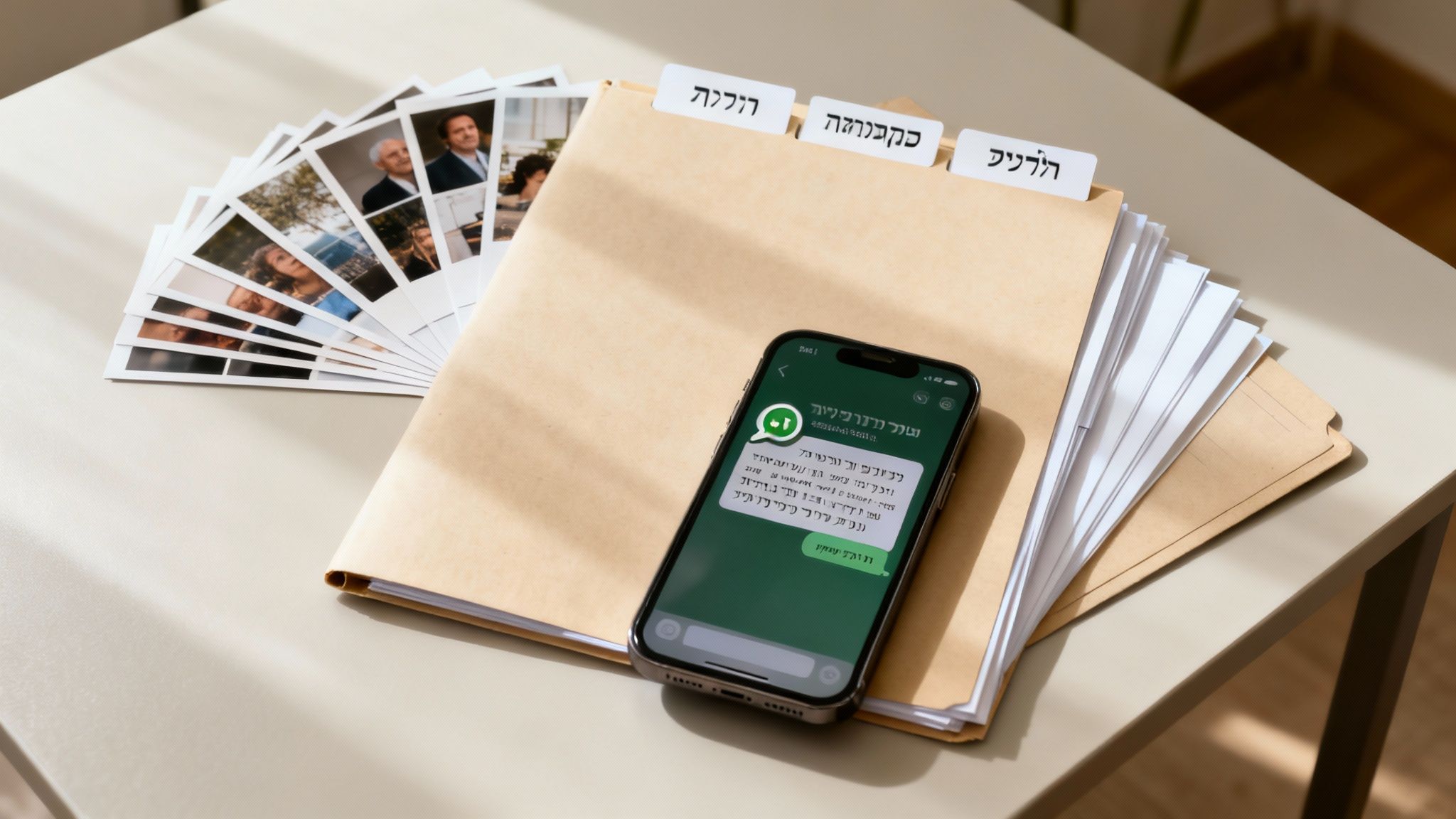 תיקיית מסמכים חומה עם תמונות פולארויד וסמארטפון המציג שיחת הודעות בעברית על שולחן.