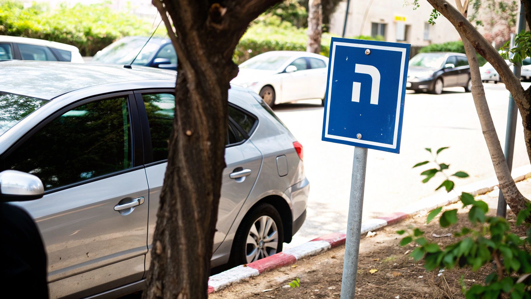 מכונית כסופה חונה ליד שלט חניה כחול עם האות ה' על מדרכה צבועה אדום ולבן.