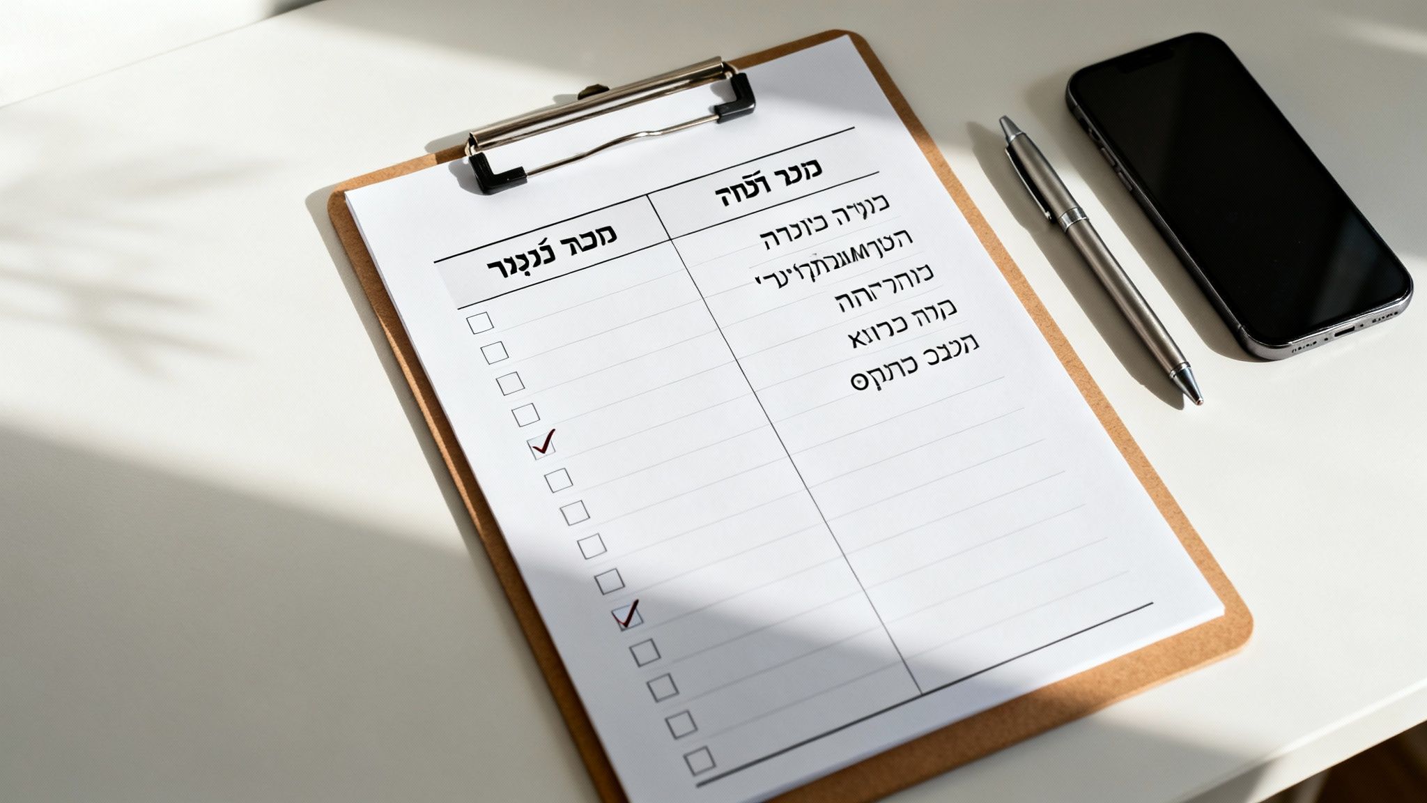 רשימת משימות בעברית על לוח כתיבה, עם עט וטלפון ליד, על שולחן מואר באור שמש.