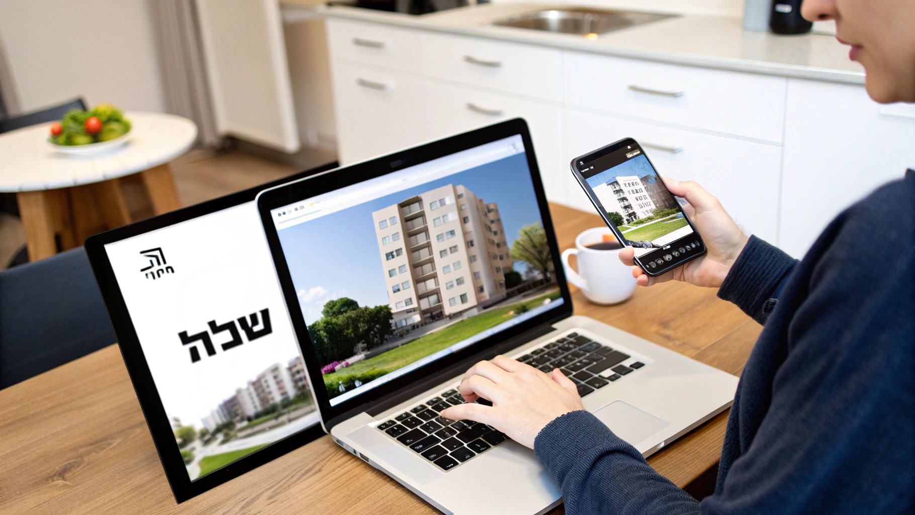 אישה מחפשת דירה להשכרה באמצעות מחשב נייד וסמארטפון, צופה בתמונות של בניינים