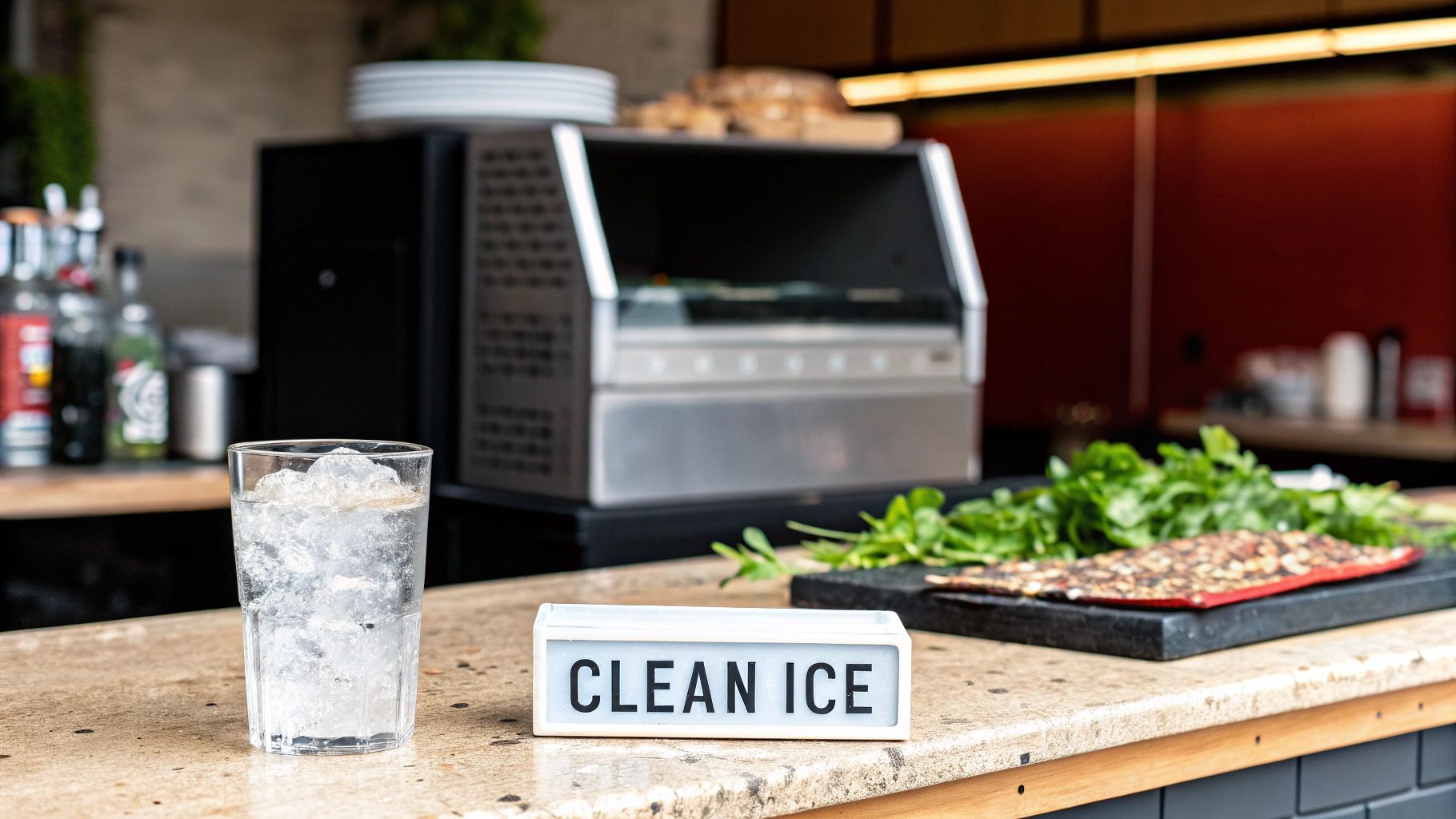 Clean ice cubes in a commercial ice machine bin, ready for a pizza restaurant