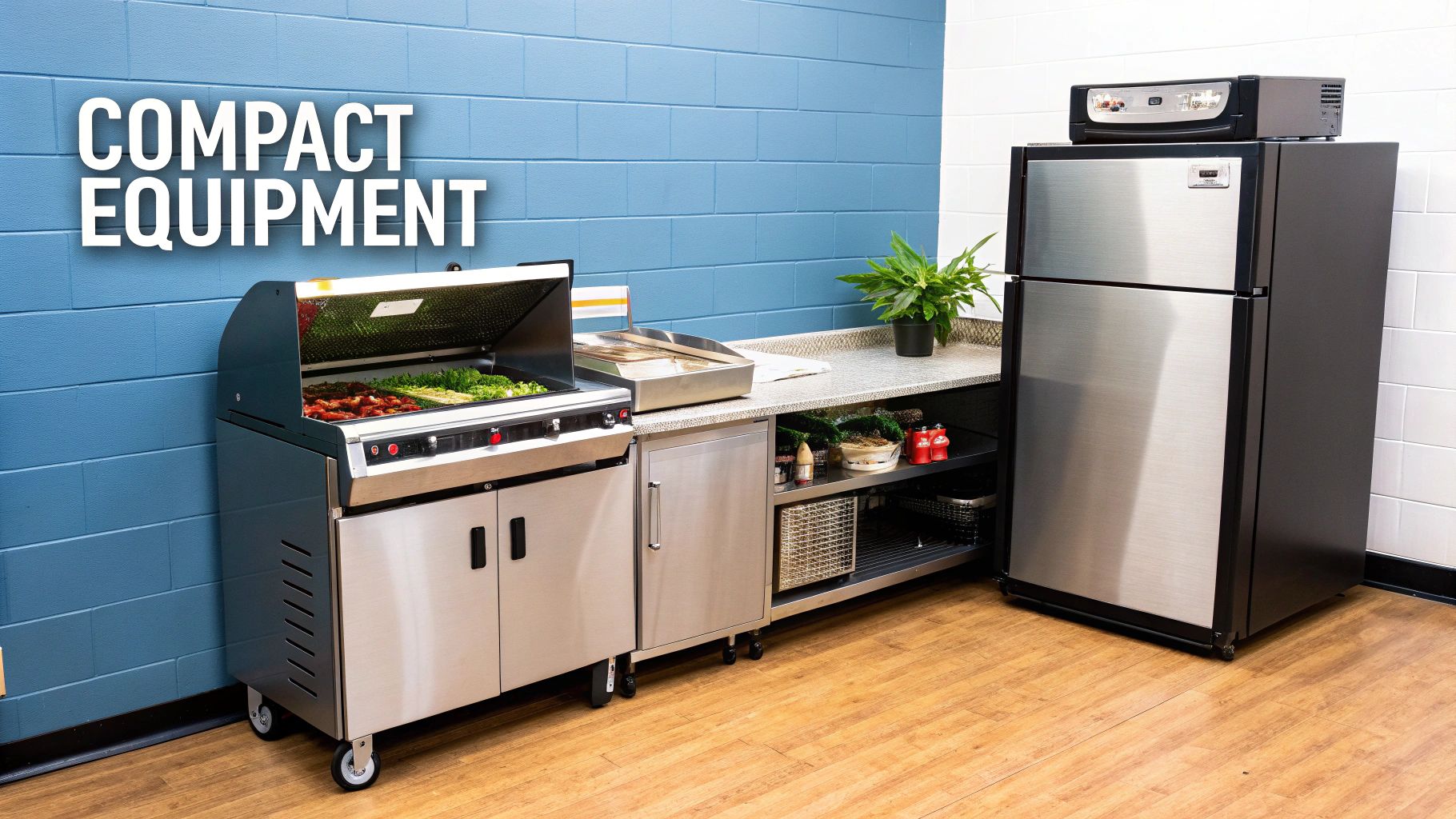 Compact commercial kitchen featuring a heated serving station, stainless steel refrigerator, and storage.