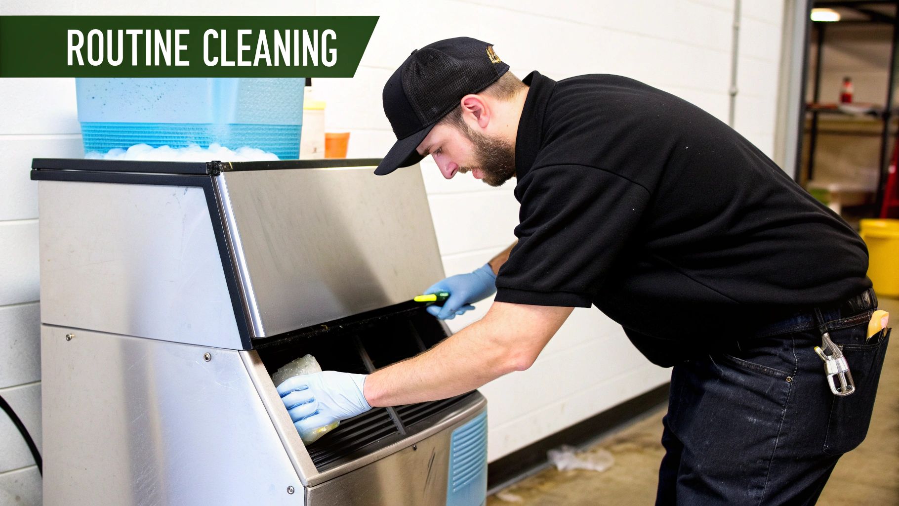 A man in blue gloves and a cap meticulously cleans the interior of a commercial ice machine.