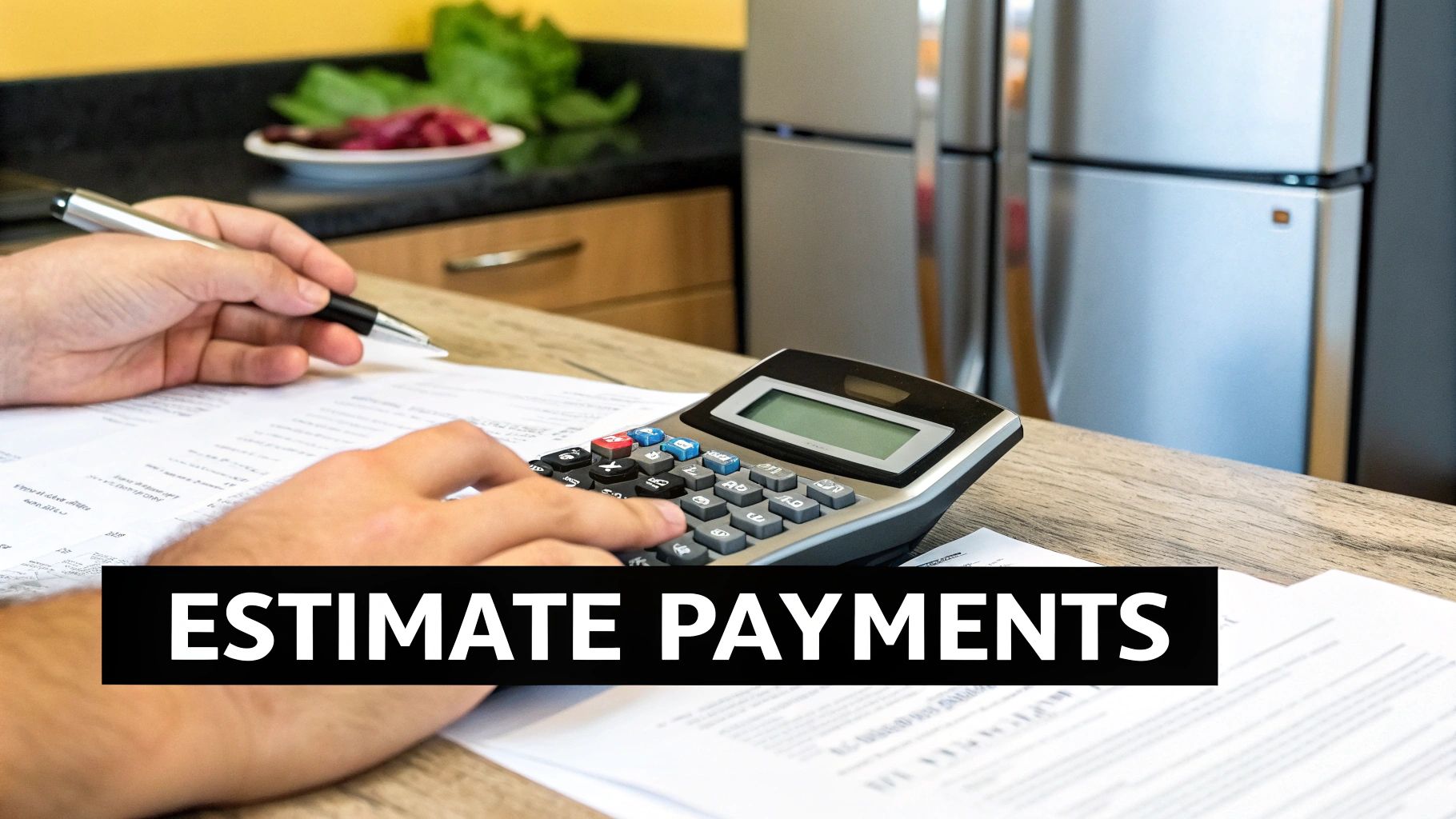 Person's hands using a calculator and pen to estimate payments on documents in a kitchen.