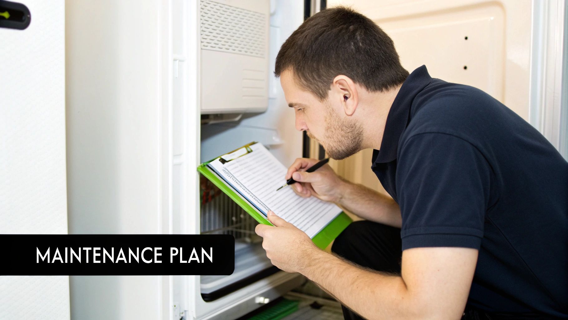 A man in a navy polo shirt inspects a large commercial refrigerator, writing notes on a clipboard for a maintenance plan.