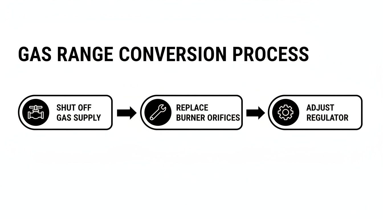 A step-by-step diagram illustrating the process of converting a gas range, including shutting off gas, replacing orifices, and adjusting the regulator.