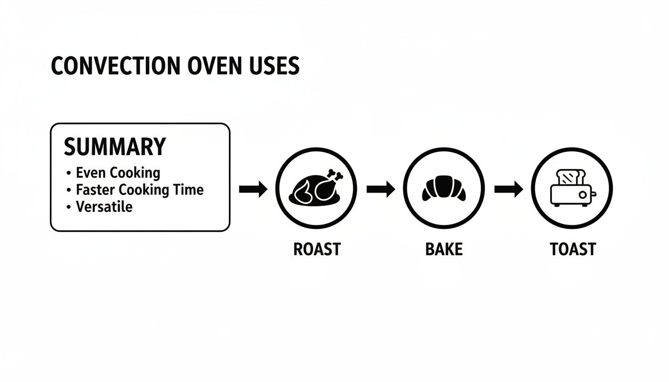 Diagram illustrating convection oven uses: roasting, baking, and toasting, with a summary of benefits.