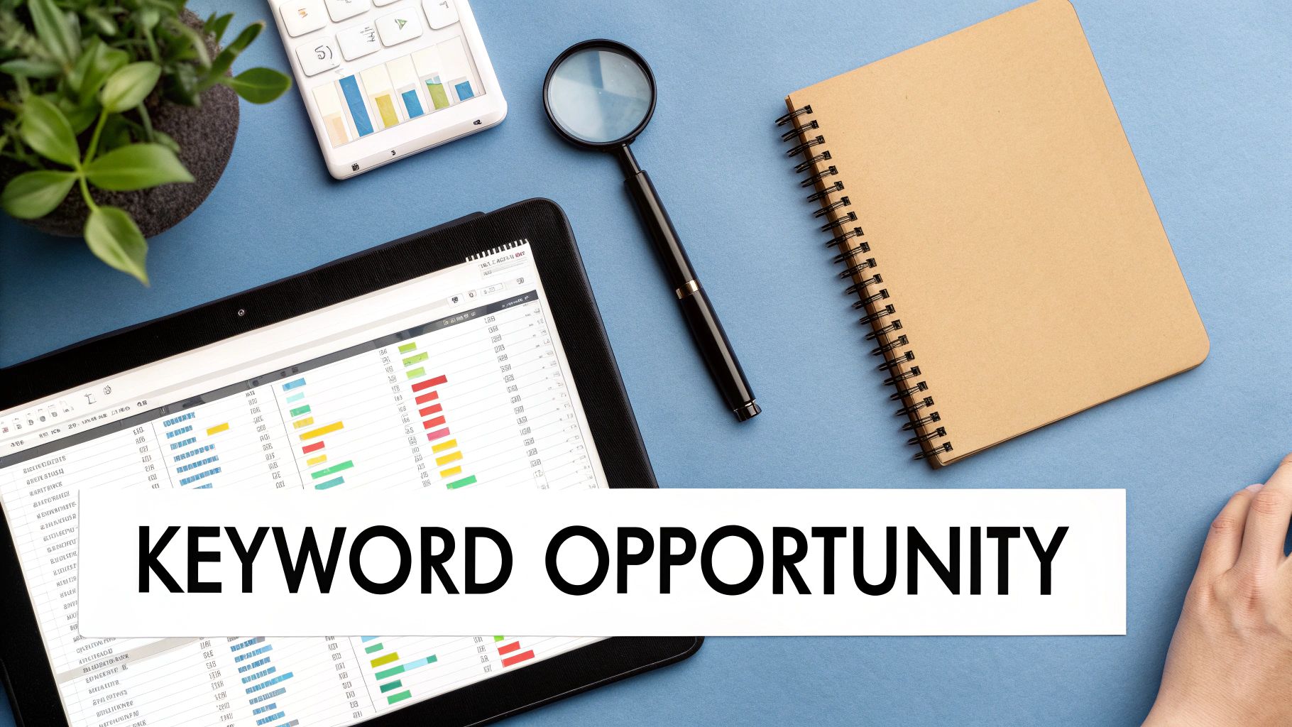 Flat lay showing a tablet with data, a calculator, a magnifying glass, and a 'KEYWORD OPPORTUNITY' sign on a blue background.