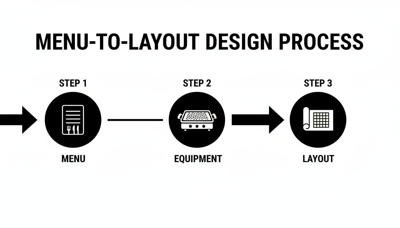 Flowchart illustrating the menu-to-layout design process with steps: Menu, Equipment, and Layout.