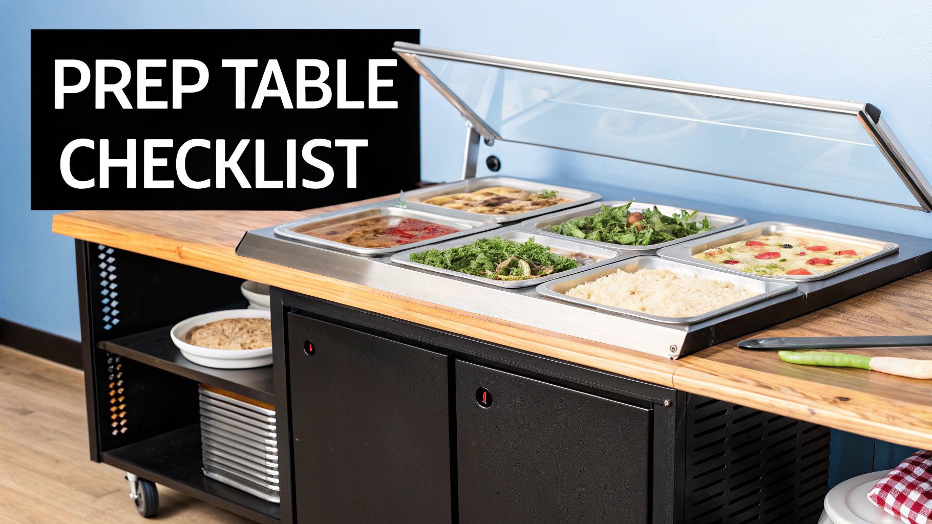 A commercial prep table with a variety of food pans under a glass cover and a 'Prep Table Checklist' sign.