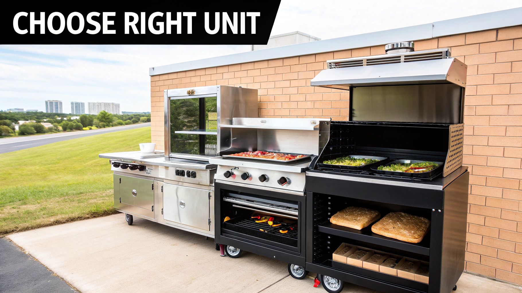 A versatile outdoor commercial kitchen setup with grills, ovens, and a salamander broiler on wheels.